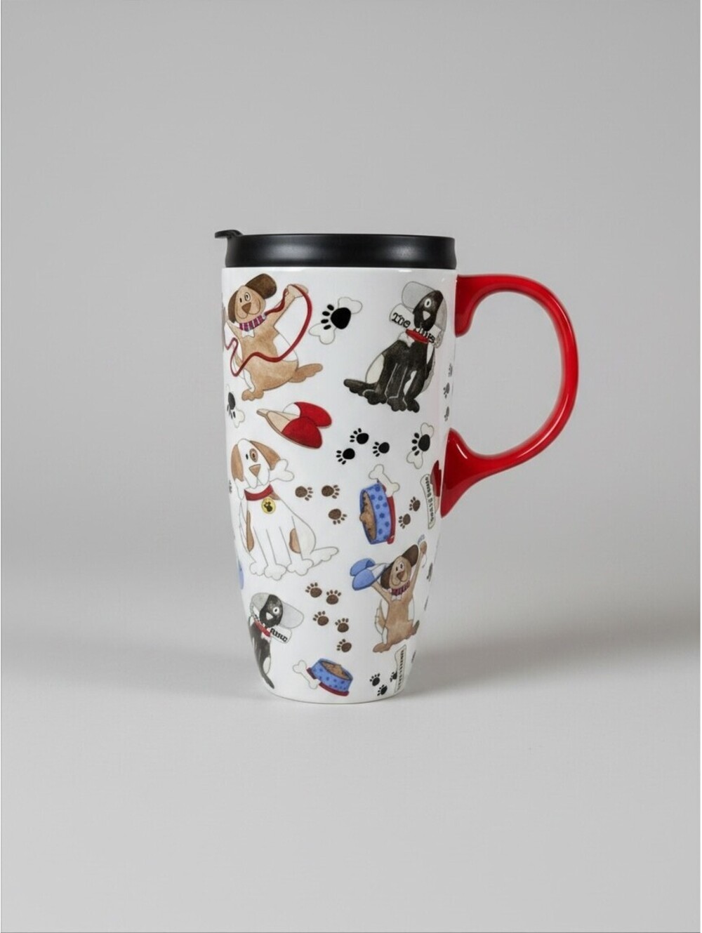 Cypress Home Dog Travel Mug Ceramic Red Handle Lid Paw Prints 6.5"